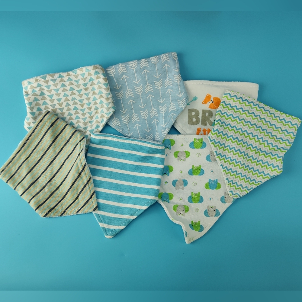 Le Bebe Favorite Baby Boy Bandana Bibs 7 Pk NB+ Fox Arrows Elephants Blue Green
